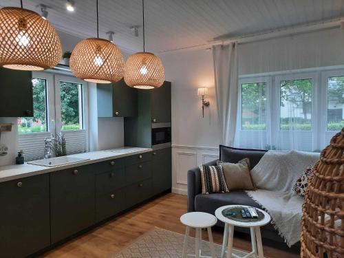 珀尔瓦Põlva Maja apartments - contactless check-in的带沙发的客厅和带窗户的厨房
