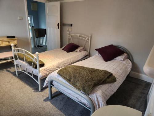 South NorwoodSpacious Room with Garden in Croydon London的一间卧室配有两张床和一张桌子