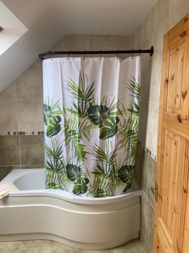 BungowlaIrish Isle Oasis: Spacious 5-Bedroom Retreat的浴室设有布满植物的浴帘