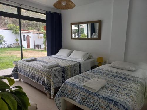 万查科Montemar Apart Hotel - Playa Huanchaco的带窗户的客房内的两张床