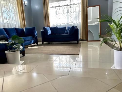 达累斯萨拉姆Sally's home-near JNIA airport的客厅配有蓝色的沙发和盆栽植物