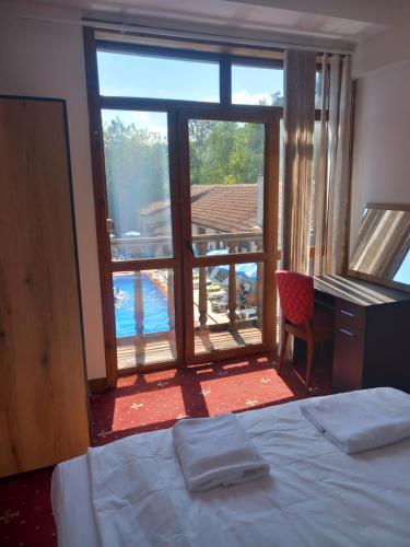 梅尔尼克Хотел Макензен的一间卧室配有一张床,享有游泳池的景色