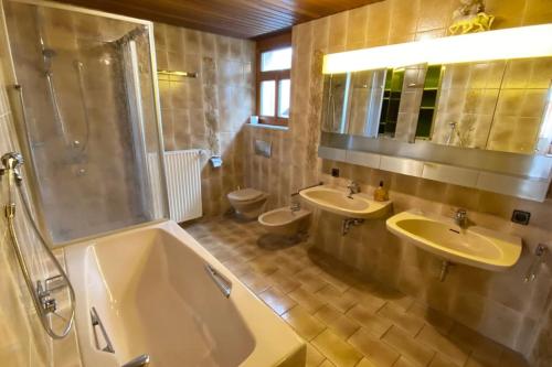 LautertalCharmante Bauernhofwohnung in Lautertal的一间带两个盥洗盆、淋浴和两个卫生间的浴室