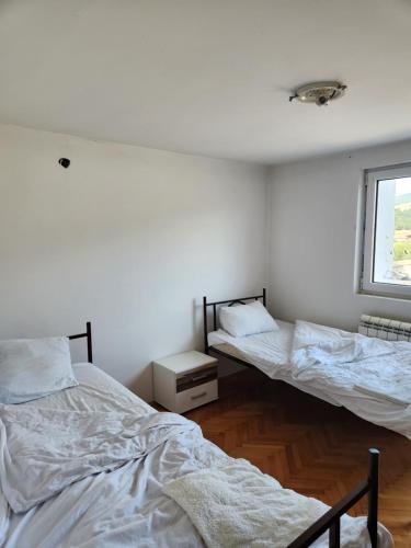 季米特洛夫格勒House ViS的白色客房的两张床,设有窗户