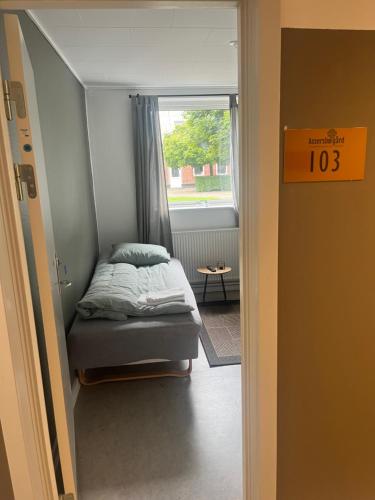 布勒鲁普Assersbølgård的一间小卧室,配有床和窗户