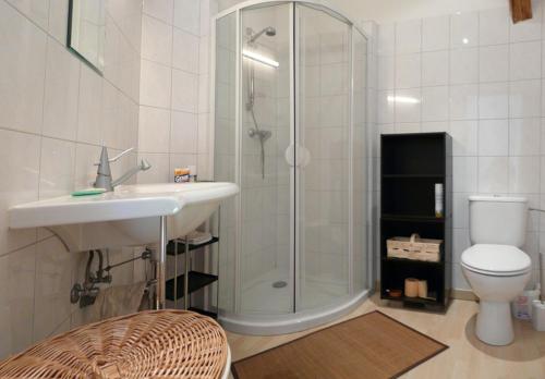 Saint-NaborGrange Des Arts的带淋浴、盥洗盆和卫生间的浴室