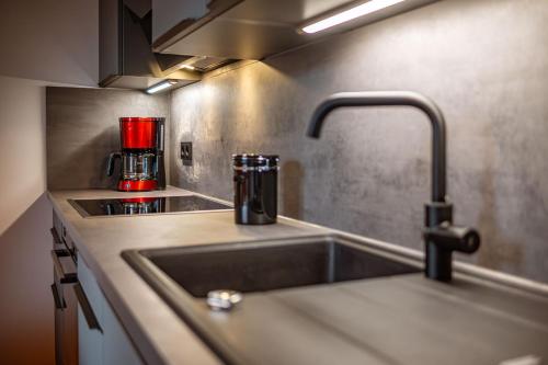 库罗阿尔滕堡Chalet Zugspitze的厨房柜台配有水槽和咖啡壶