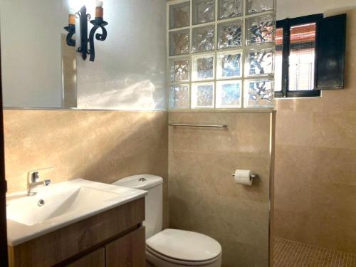 查兹拉德拉谢拉Finca Villa Coral的一间带卫生间、水槽和镜子的浴室