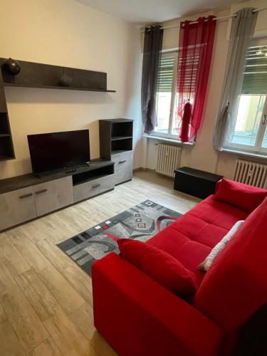 诺瓦拉Accogliente Loft ben servito的客厅配有红色沙发和平面电视