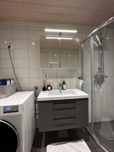 耶卢Fin leilighet på Geilotunet leies ut的一间带水槽和淋浴的浴室
