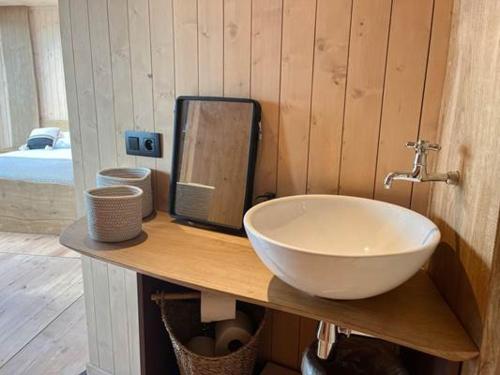 希迈Aquascope Virelles - Logements insolites的浴室设有水槽和镜子,位于柜台上
