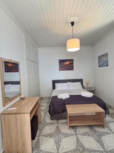 奈德里Villa Elia Perigiali Lefkada的一间卧室配有一张床、一张桌子和一面镜子