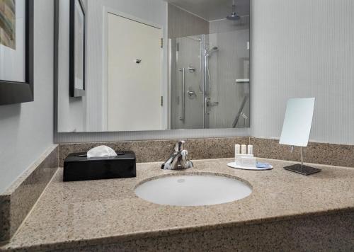 夏洛特万怡夏洛特市中心酒店的浴室的柜台设有水槽和镜子