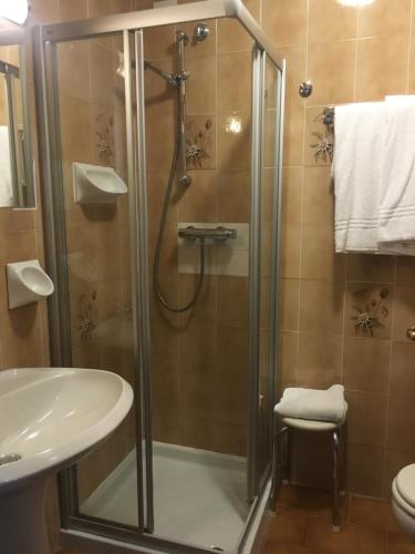 奥伦佐卡多利尤文图斯酒店的带淋浴、卫生间和盥洗盆的浴室