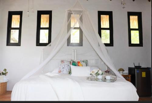FilipinaVilla La Fortuna的窗户客房内的白色床和天蓬