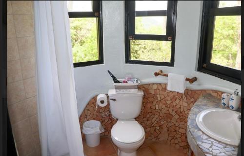 FilipinaVilla La Fortuna的一间带卫生间和水槽的浴室以及两个窗户。