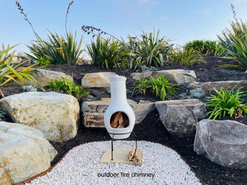 FalmouthSaltwater - Absolute Oceanfront, Hot Tubs, Sauna, Fire Pits的一只猫坐在岩石旁的花瓶