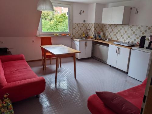 特拉本特拉巴赫Monkey Factory - Mini Home-Stay Hostel的一个带桌子和红色沙发的小厨房