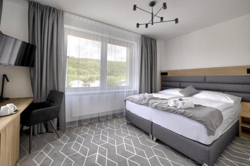 MedzilaborceTypton hotel&spa的一间卧室配有一张床、一张书桌和一个窗户。