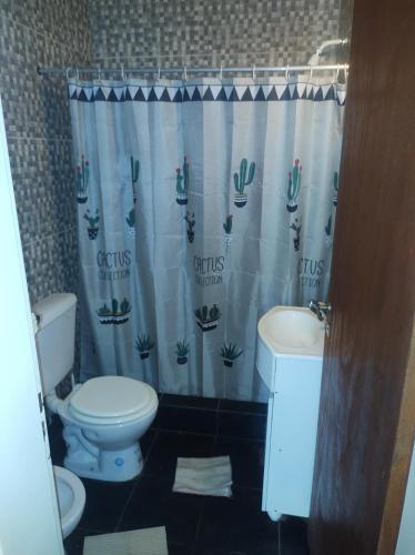 科隆Casa de campo的浴室设有卫生间、水槽和淋浴帘