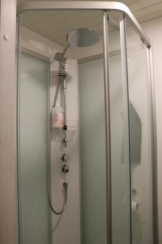 纳坦利Villa Hattu的带淋浴的浴室,带玻璃门