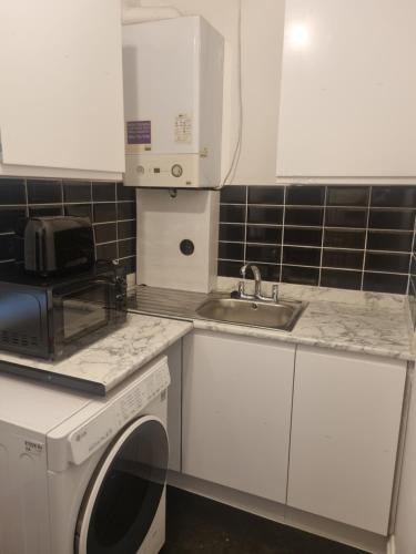 伦敦Manhattan Studio flat northbridge services的厨房配有水槽和洗衣机
