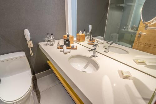 波哥大波哥大索内斯特酒店的一间带水槽和卫生间的浴室以及一部电话