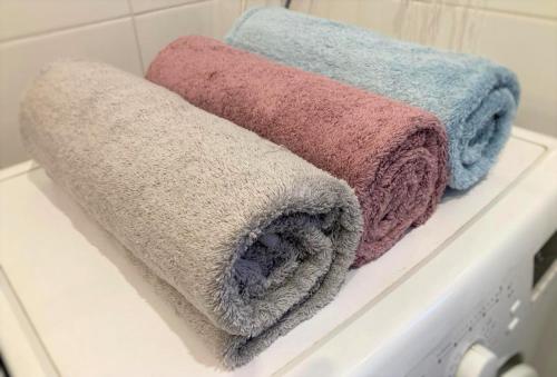 卡托维兹Biały Dom - 2 Bedrooms的浴室的架子上摆放着三条毛巾