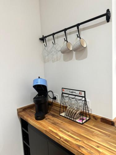 尼斯Papillon de cimiez的厨房柜台,配有一个测量杯架和搅拌器