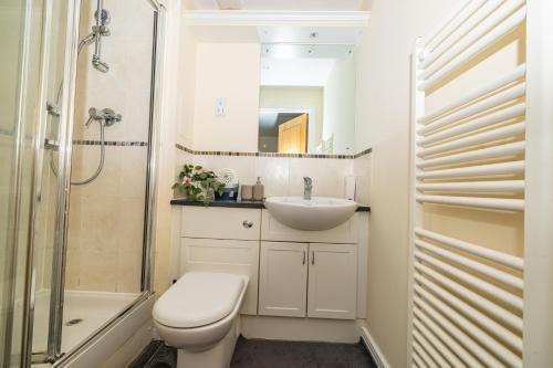 伦敦Two bed Apartment near Canary Wharf的浴室配有卫生间、盥洗盆和淋浴。
