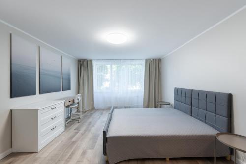 RadviliškisStiklo Apartamentai的一间卧室配有一张床、一张书桌和一个窗户。