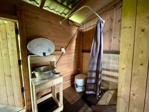 阿卢克斯内Laivu māja uz Alūksnes ezera/ Boat house on a Lake的小木屋内带水槽的浴室