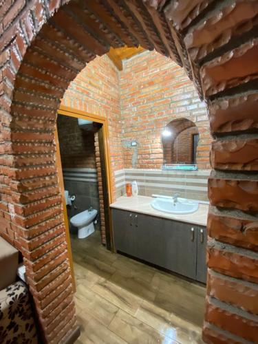 培拉特Vila Mario Berat的一间带砖墙和水槽的浴室