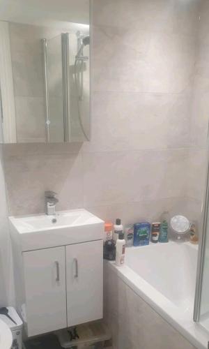 威尔汉姆10 Street的白色的浴室设有水槽和淋浴。
