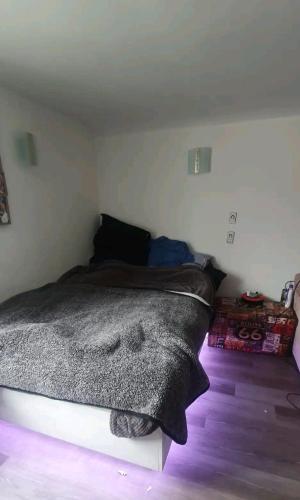 威尔汉姆10 Street的一间卧室配有一张带黑色毯子的床