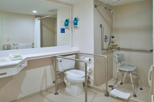 萨卡特卡斯萨卡特卡斯城市快捷酒店的一间带卫生间、水槽和镜子的浴室