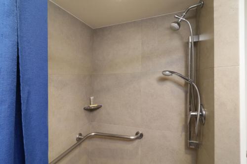 圣路易斯波托西City Express Junior by Marriott San Luis Potosi Zona Industrial的一间带蓝色淋浴帘的淋浴的浴室