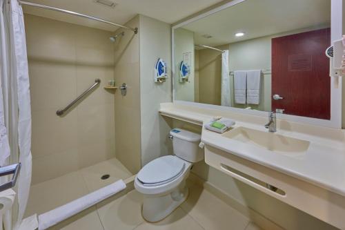 萨尔蒂约萨尔蒂约苏尔城市快捷酒店的一间带卫生间、水槽和镜子的浴室