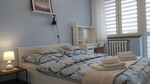 桑多梅日Apartament w Centrum的一间卧室配有两张带枕头的床。