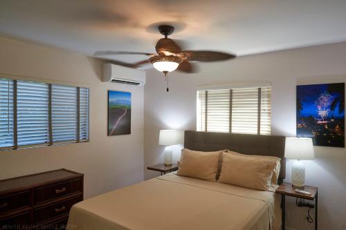 维雷亚South Maui 1 BR Guest Suite - Kamaole Beach Area的一间卧室配有一张床和吊扇