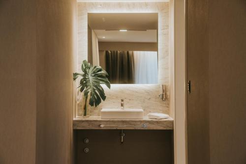 雷西斯膝西亚Howard Johnson Plaza La Ribera的一间带水槽和镜子的浴室