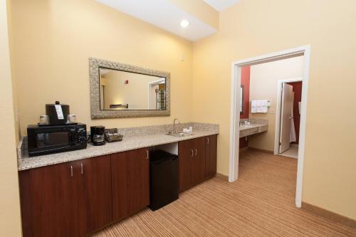佛罗伦萨南卡罗来纳州佛罗伦斯万怡酒店的一间带水槽和微波炉的浴室