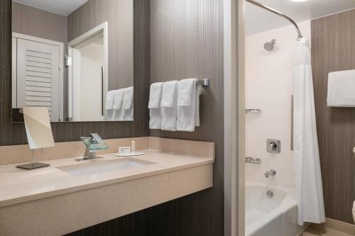 拉斯维加斯万怡酒店-拉斯维加斯会展中心的浴室配有盥洗盆、镜子和浴缸