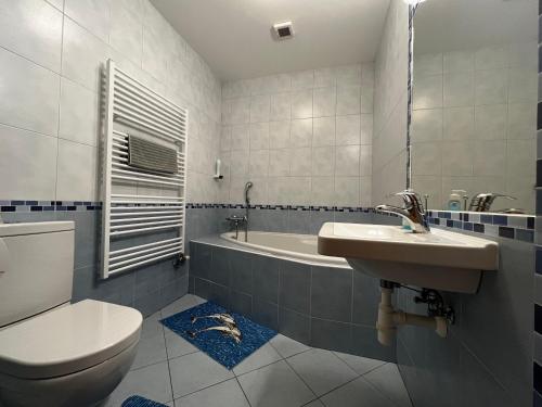 赫拉布斯Penzión Mizuna的浴室配有盥洗盆、卫生间和浴缸。