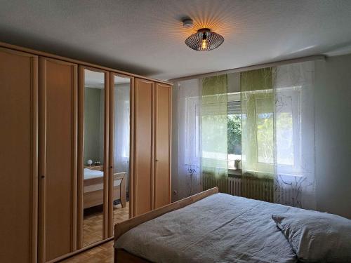 施马伦贝格Ferienwohnung Blumenau的一间卧室设有一张床和一个大窗户