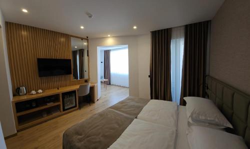 地拉那SIBB Hotel的配有一张床和一台平面电视的酒店客房