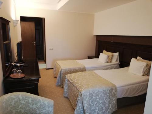 布拉索夫Apartament 804- Etaj 8 in incinta Alpin Resort - gazda privata的酒店客房设有两张床和电视。