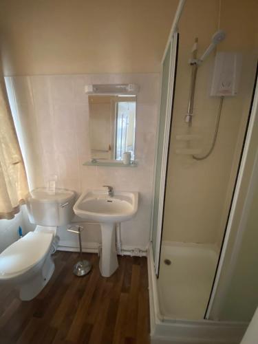 特伦特河畔斯托克Victoria Guest House的一间带水槽、卫生间和淋浴的浴室