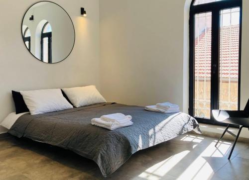 耶路撒冷Lovely New Private Duplex in Prime City Center location的卧室配有一张壁挂镜子的床