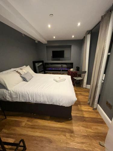 爱丁堡Cosy Double Bed With Fire Place的一间卧室配有一张床和一台电视